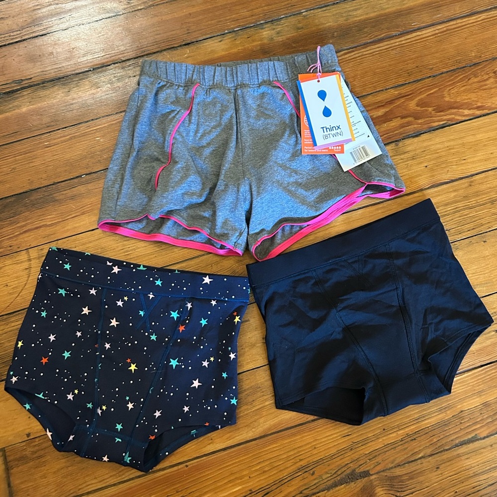 Thinx BTWN Trio Gray sleep shorts, black shorty, & blue Starry shorty BUNDLE